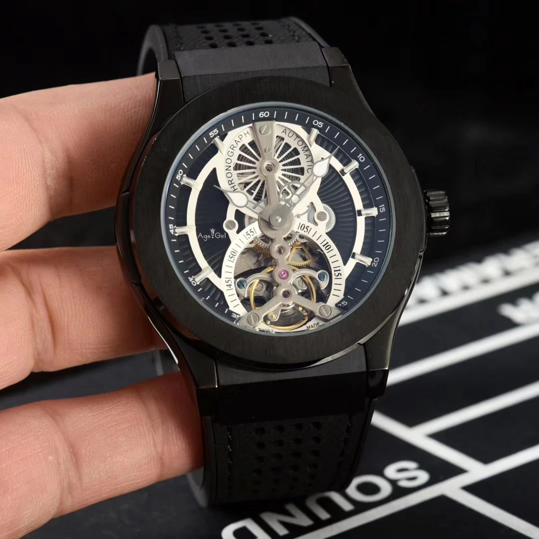 

Luxury Brand New Men Silver Black Rose Gold Watch Automatic Mechanical Sapphire Tourbillon Skeleton Leather Watches Waterproof