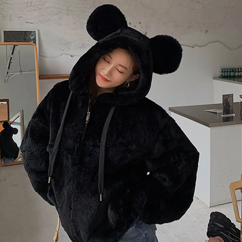 

Fashion new autumn and winter faux rex rabbit fur cute hooded ears loose plush mid-length fur coat