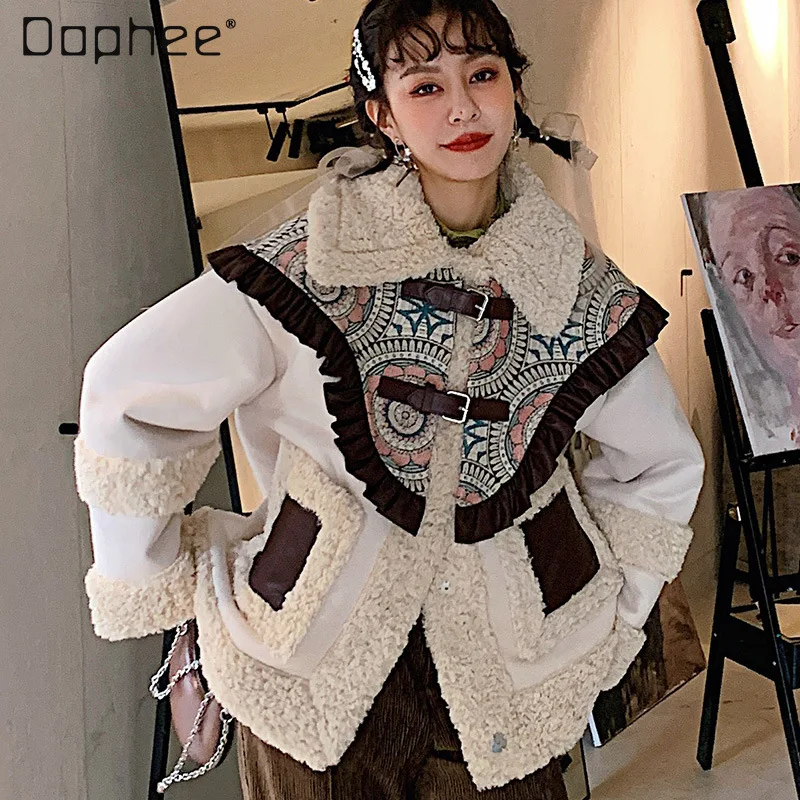 

2021 Winter Women's Clothing New Fashion Thickened Warm and Loose Coat Wooden Ear Printed Long-sleeve Plush Jacket All-match
