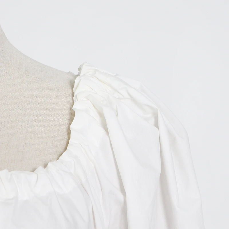 

TWOTWINSTYLE White Elegant Midi Dress For Women O Neck Puff Short Sleeve High Waist Ruched Slim Dresses Female 2021 Summer Style