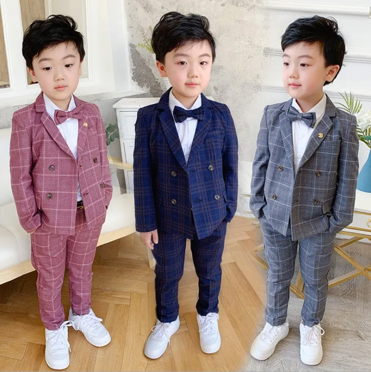 

90-140cm new autumn boys plaid dress suits for wedding boys blazer+pant+tie clothing sets 3pcs kids clothes sets boys clothing