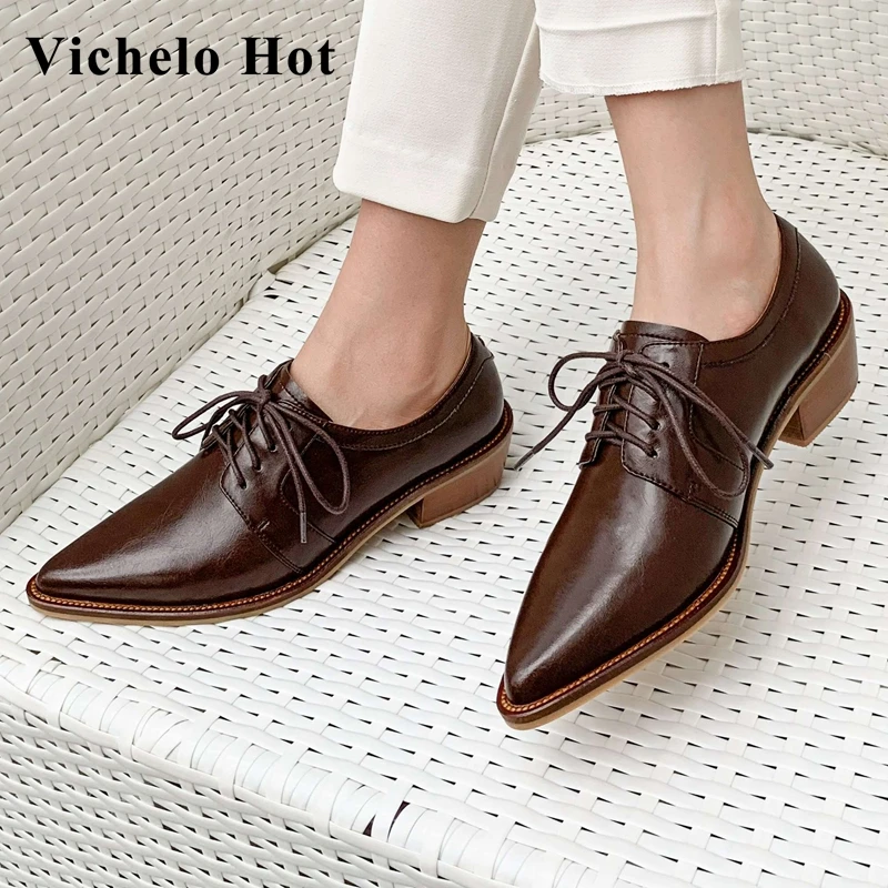 

Vichelo Hot split leather pointed toe med heel British style minimalist fashion lace up young lady leisure hot women pumps L13