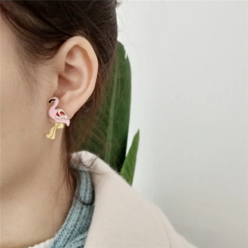 

POFUNUO Real 925 Sterling Silver Women Exquisite Asymmetry Design Stud Earrings Girls Students Cute Pink Crane Pineapple Earring
