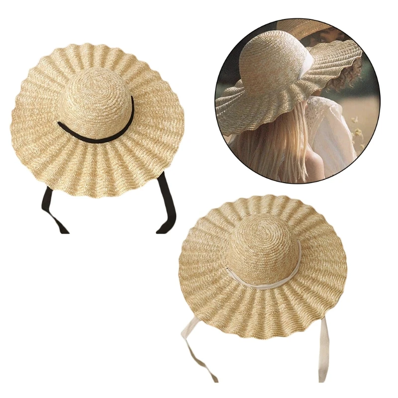 

Women Wide Brim Straw Hat with Ribbon Wavy Pattern Sun Protection Hat 2021 Female Vintage Outdoor Casual Beach Sunhat Summer Cap