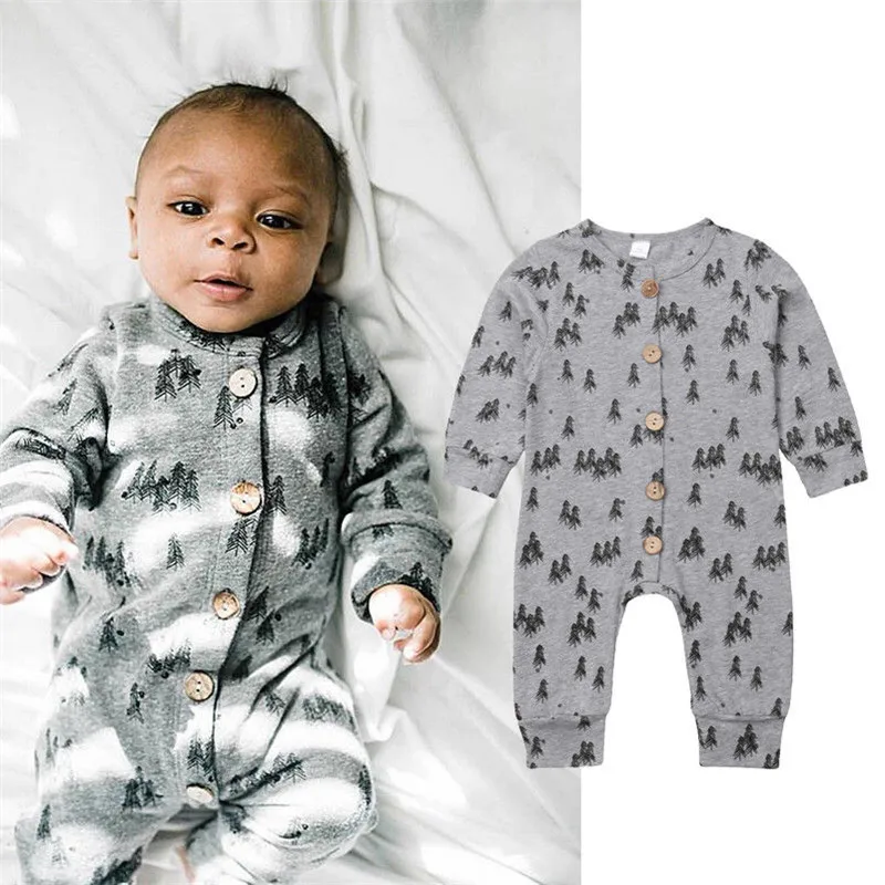 

Newborn Baby Boys Girl Pine Trees Cotton Long Sleeve Button Romper active Boy Jumpsuit kids Clothes 0-24M