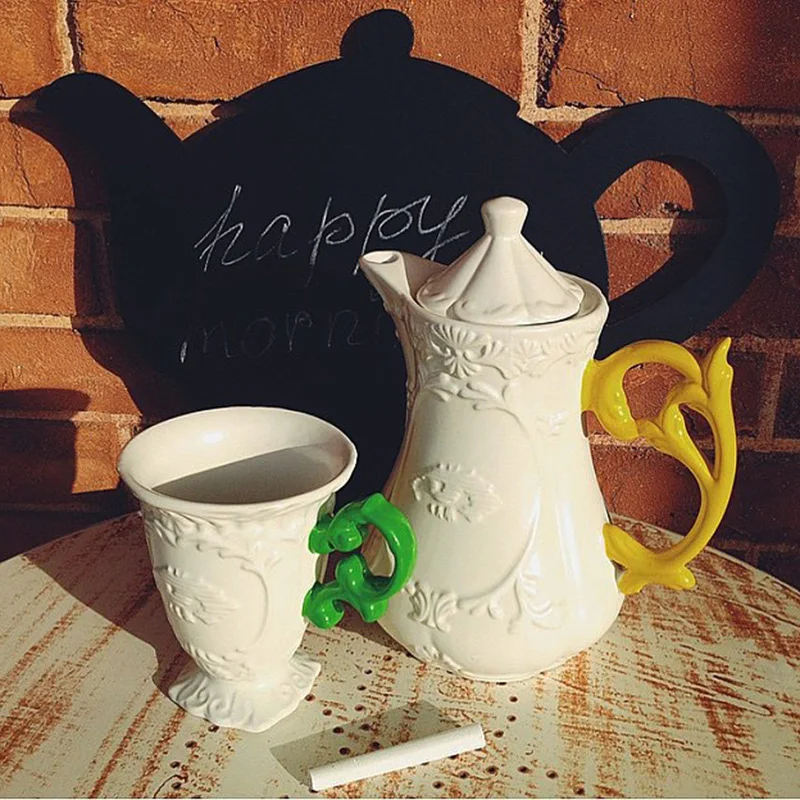 

Italian Designer Retro Cup Embossed White Porcelain Coffee Kettle Mug Furnishing Articles Baroque Style Teapot