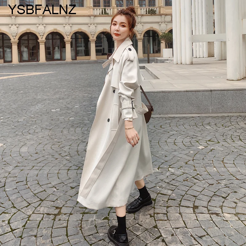 

Brand New Fashion Women Trench Coat Beige Long Double-Breasted with Belt Spring Autumn Lady Duster Coat Female Outerwear Quality