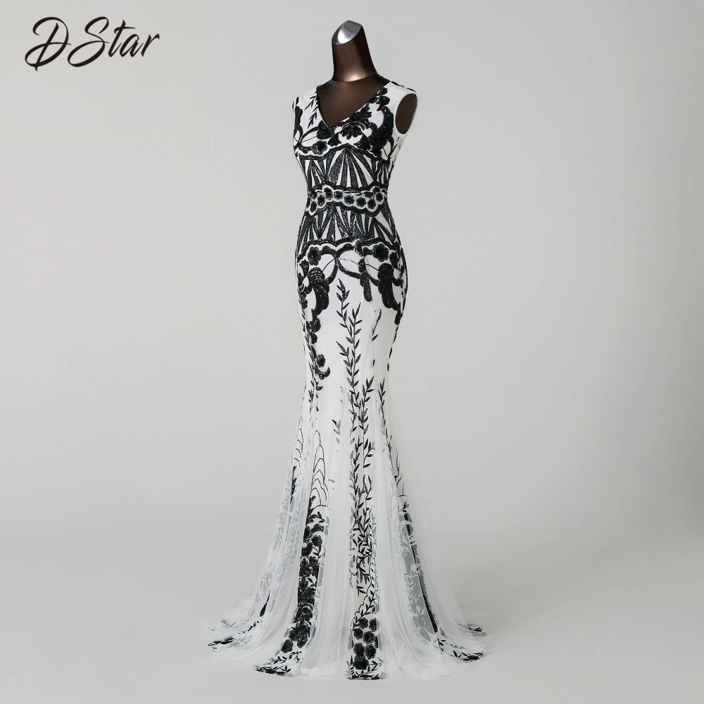 Элегантное Черное/Белое платье русалки с блестками и черным цветком Вечернее