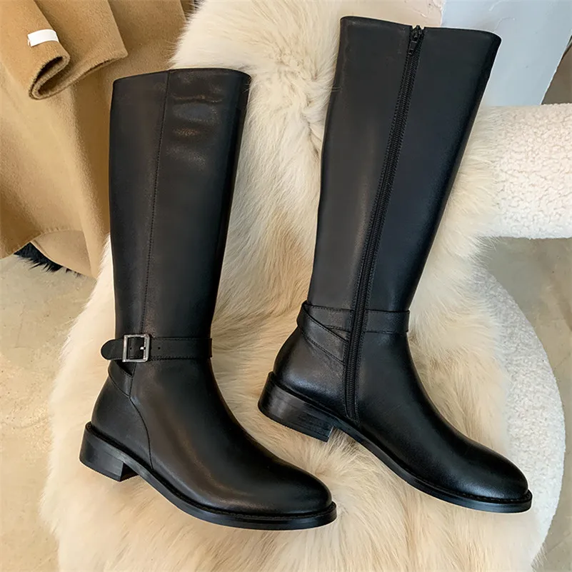 

Meotina Knee High Boots Women Shoes Natural Genuine Leather Low Heel Riding Boots Zip Buckle Thick Heels Long Boots Autumn Black