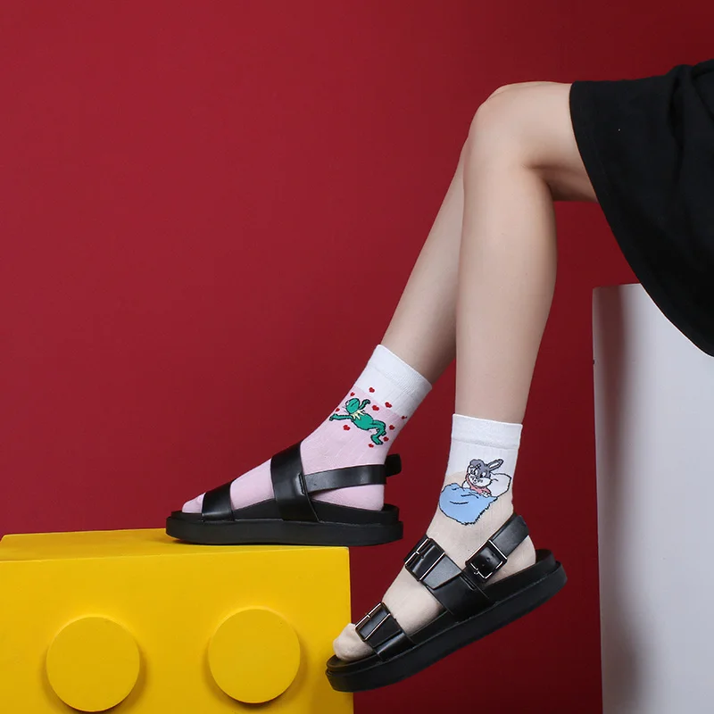Корейский стиль, женские носки, Модные Винтажные Kawaii Мультяшные лягушки, кролика, носки повседневные Харадзюку, жаккардовые дышащие милые носки