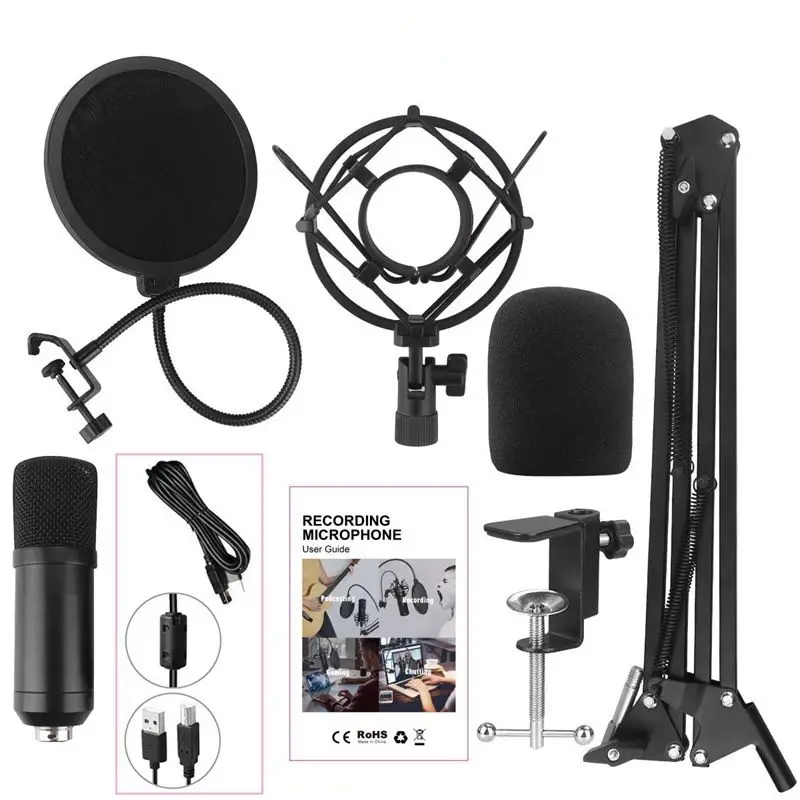 

Recording Condenser USB Computer Microphone Kit With Adjustable Scissor Arm Stand Shock Mount Hanging Microphones Tabletop