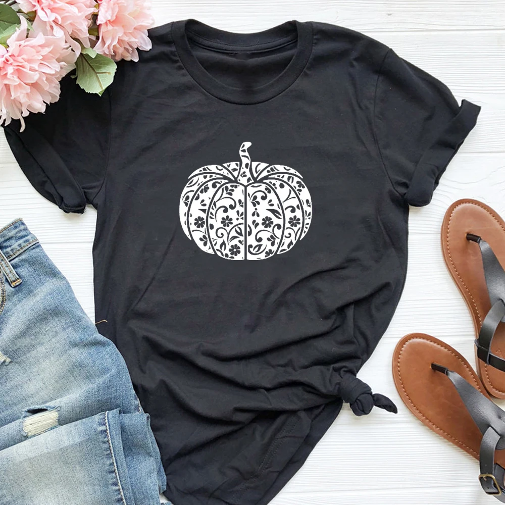 Женская футболка с принтом тыквы и цветов мотивом Дня благодарения хлопковая