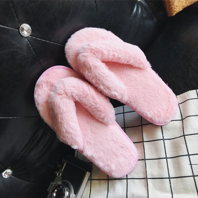 

Jrnnorv New Winter Fashion Women Home Slippers Faux Fur Warm Shoes Woman Slip on Flats Female Fur Flip Flops Plus Size 36-41