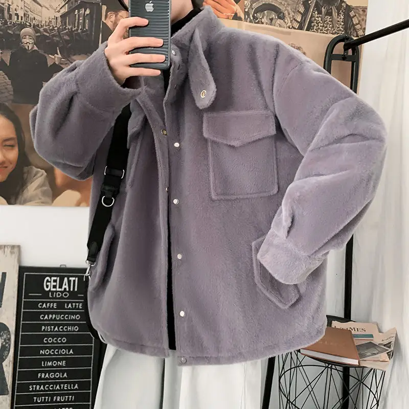 

Winter Thickened Fleece Jacket Men's Warmth Fashion Retro Stand Collar Jacket Men Streetwear Korean Loose Short Coat Mens M-2XL