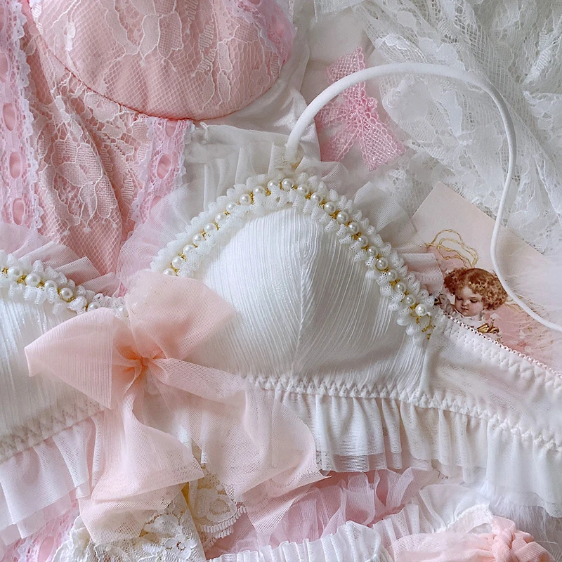 Japanese Soft Sister Sweet Lace Bra & Panties Set Lolita Cute Milk Silk Intimates Super Bowknot Triangle Cup Underwear Suit