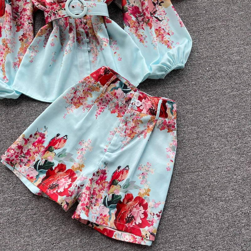 

2021 summer new women single breasted lantern sleeve flower print chiffon shirts + high waist shorts suit female two piece sets