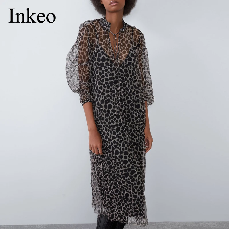 Женское длинное Сетчатое платье с леопардовым принтом свободное полупрозрачное