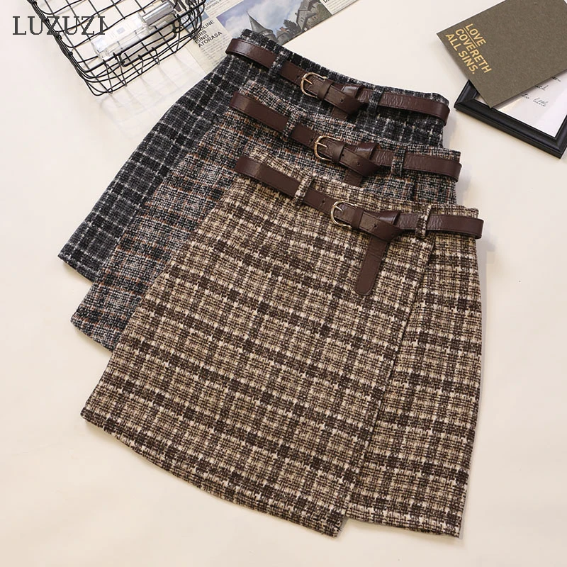 Женская клетчатая мини юбка LUZUZI Весенняя винтажная трапециевидная с завышенной
