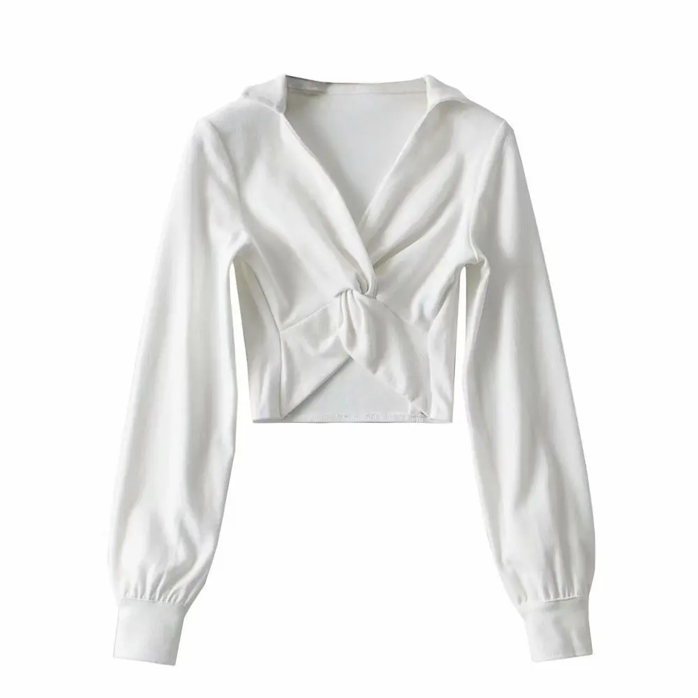 

Twisted hem bow T-shirt women 2021 spring new deep V small lapel short long sleeve bottoming shirt women