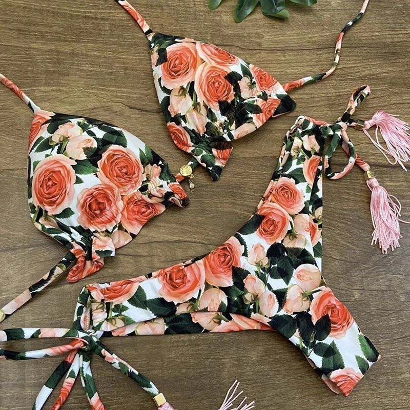 

Split Women Printed Swimsuit Hot Sexy Triangle Flower Print Lace 2 Piece Bathing Suit V Waist Fashion Viquinis Mujer Bikini Set