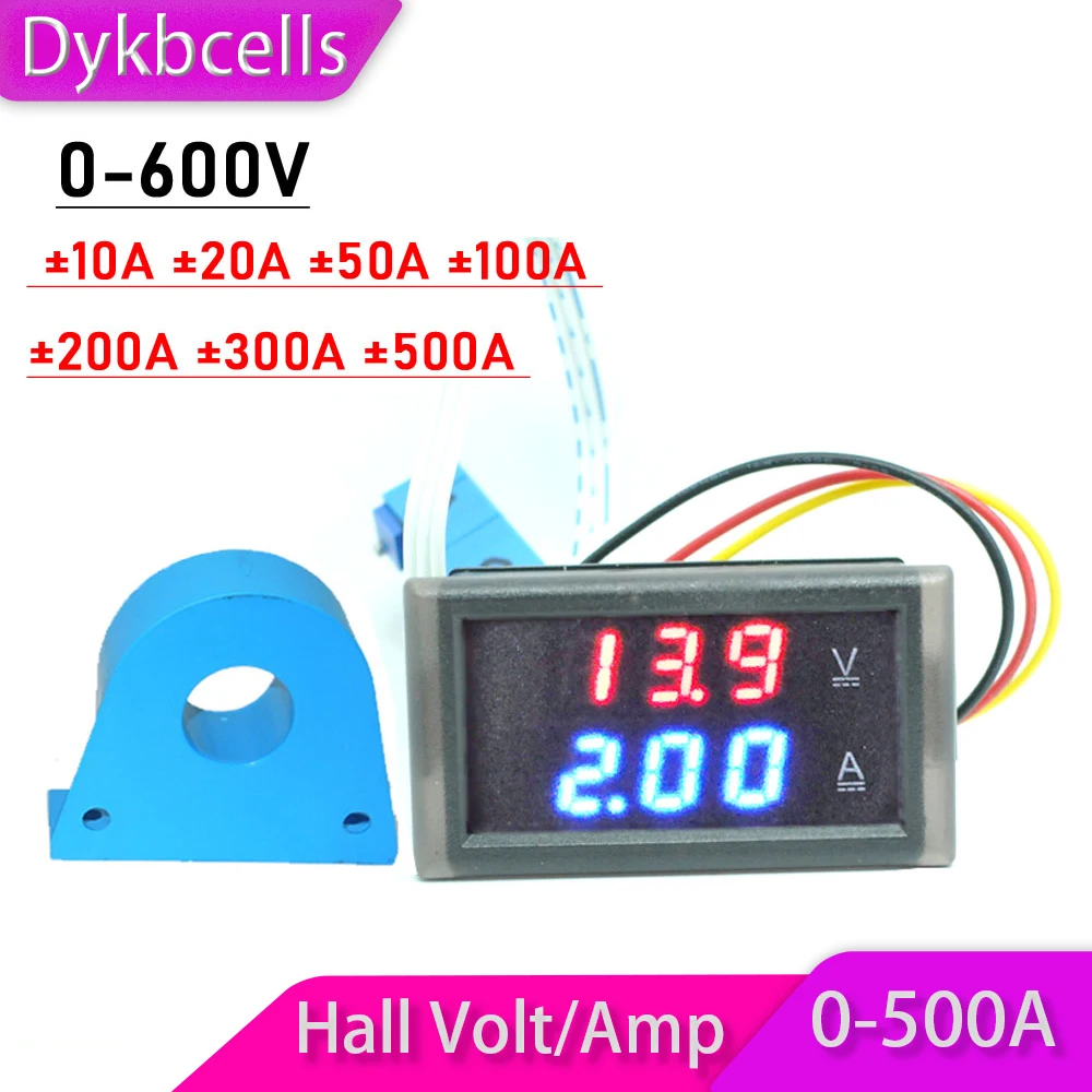 

Dykbcells DC 0-600V 200A 300A 500A Hall Вольтметр Амперметр Напряжение Ток светодиодный цифровой измеритель монитор батареи 12V 24V электрический автомобиль