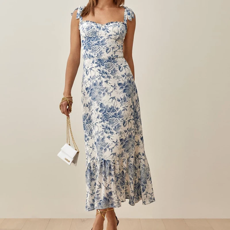 

Fashion Women French Vintage Flowers Print Slim Strap Dress 2021 Summer Sleeveless Female Lace-up Midi Dress Vestidos OM7127