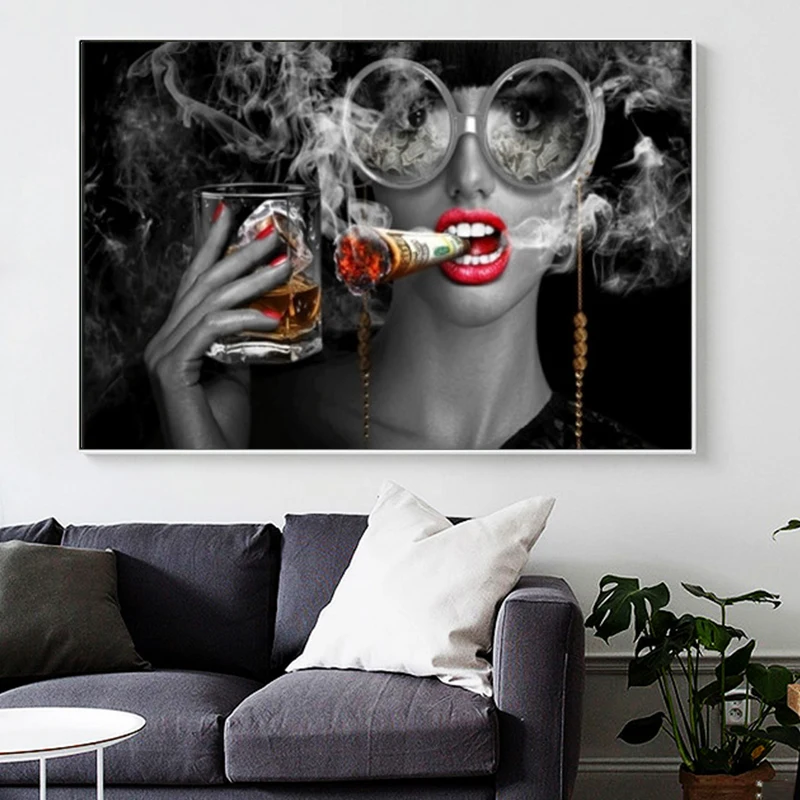 Bar Wall Decor Cool Smoking and Drinking Gril Poster Print on Canvas Fashion Makeup Woman Pictures Home Decoration No Frame | Дом и сад