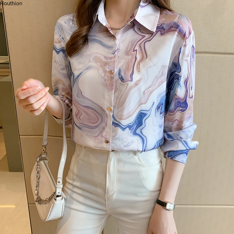 

Autumn New Women's Blouses Polo Shirt Long Sleeve Tops Stitching Blouse Printing Satin Casual Fashion Lady Loose