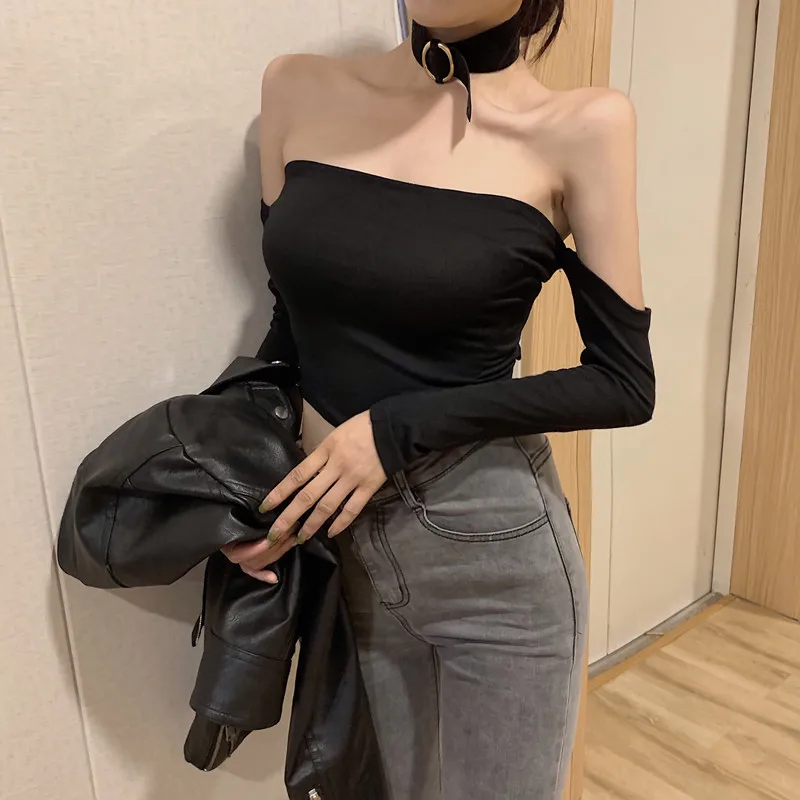 sexy slash neck off shoulder crop tops hollow out long sleeve fashion brand Backless Back cross Women's Clothing t-shirts modis | Женская