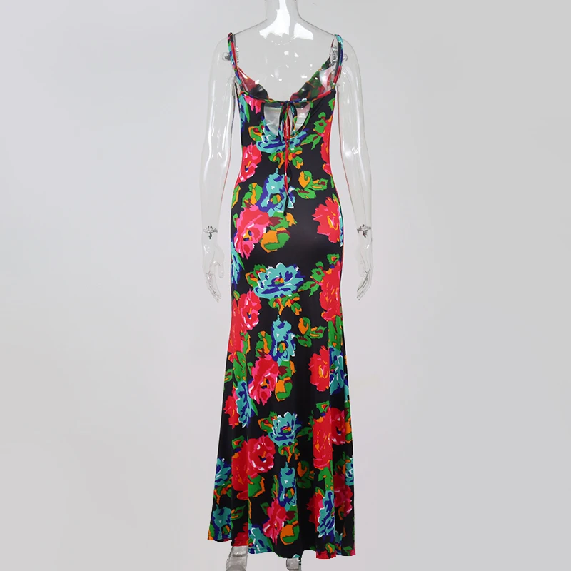 NewAsia Black Floral Maxi Dress for Women - Cowl Neck, Spaghetti Strap, Backless Print. Ideal for Beach, Party, Night Out. Sexy Long Dress for Women. image 5
