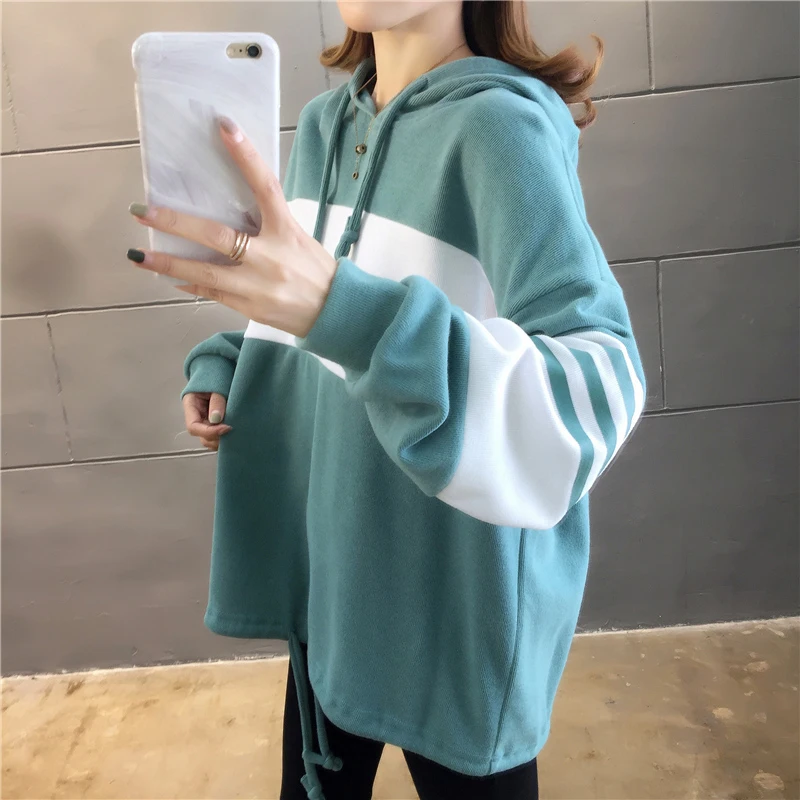 

Zoki Harajuku Loose Women Hoodies Autumn Plus Size Cotton Hooded Long Sleeve Sweatshirt Casual Striped Pullover Girls Top 2021