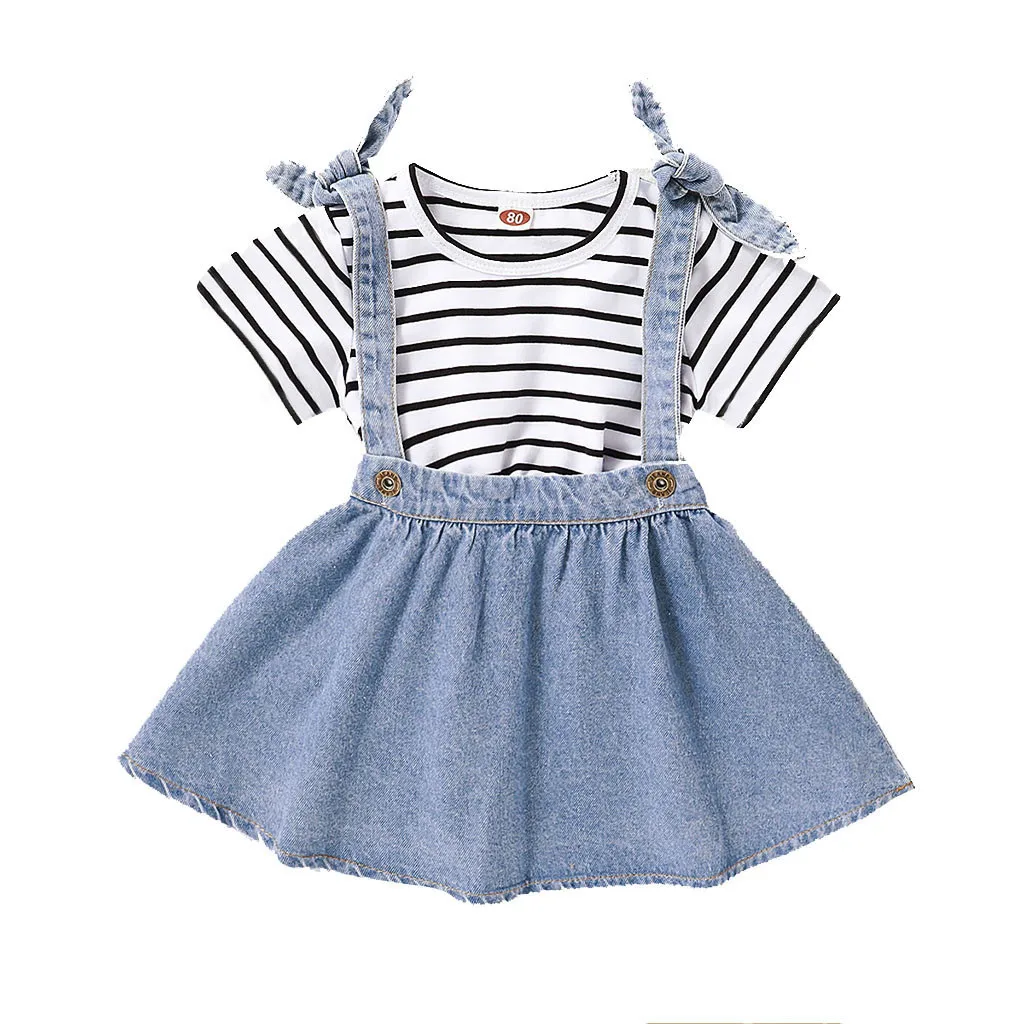 Одежда для маленьких девочек футболка в полоску с принтом + джинсовая юбка на