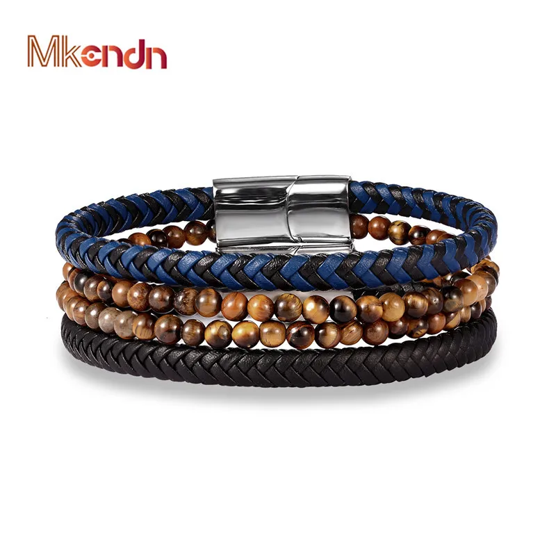 Плетеный браслет из натуральной кожи с натуральным камнем 4 мм нержавеющей стали