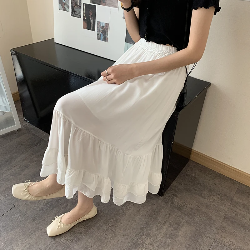 

Summer Women Black White Ruffles Long Skirt High Waist A-line Casual Loose Midi Skirt Elastic Waist Harajuku Cute Kawaii Skirt