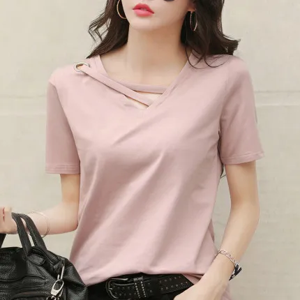 

han Ladies short-sleeved summer white t-shirt women's V-neck loose black top casual