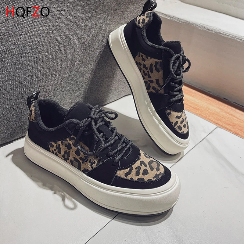 

HQFZO Women Flats Sneakers Leopard Lace Up Spring Winter Shoes Comfortable Casual Ladies Sport Shoes 2021 New Flock Zapatos De