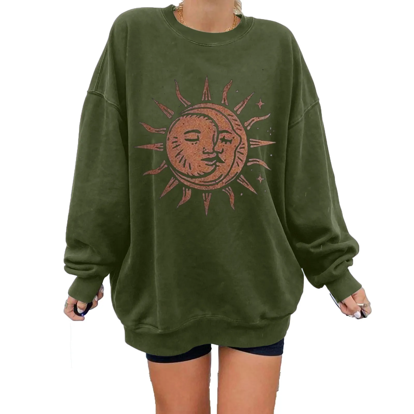 Women's Tops Winter Sun Printing Sweatshirt Pullover Ladies Long Sleeve Korean Style Loose Oversize Tops Streetwear Sweatshirt