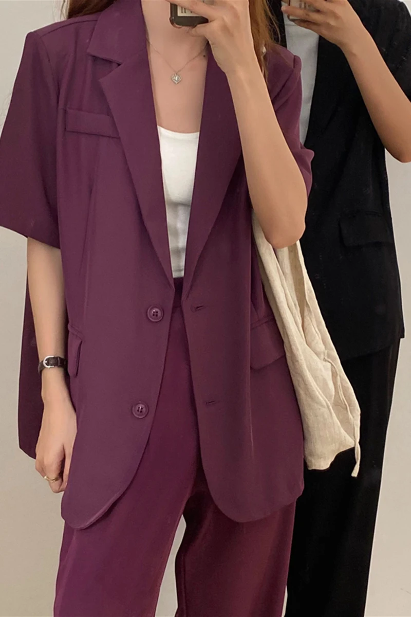 

Korea chic retro lapel two button loose thin suit jacket + draped high waist wide leg mopping trousers