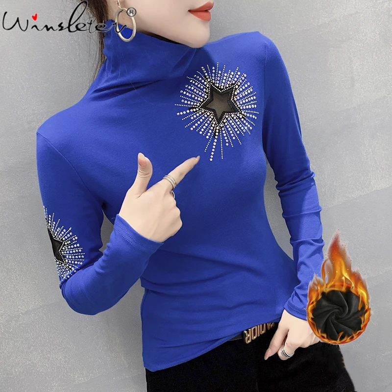 

MadBlack Fall Winter European Clothes Cotton T-Shirt Chic Sexy Turtleneck Diamonds Camiseta With Fleece Tops Women Tees T10607A