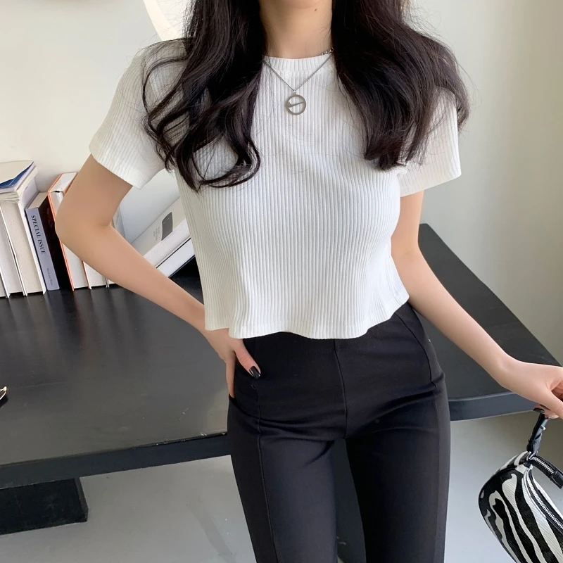 

Summer Tight The New Rib-knitted Plain Sexy T-shirt Short Women's short sleeves 2021 women sexy tops