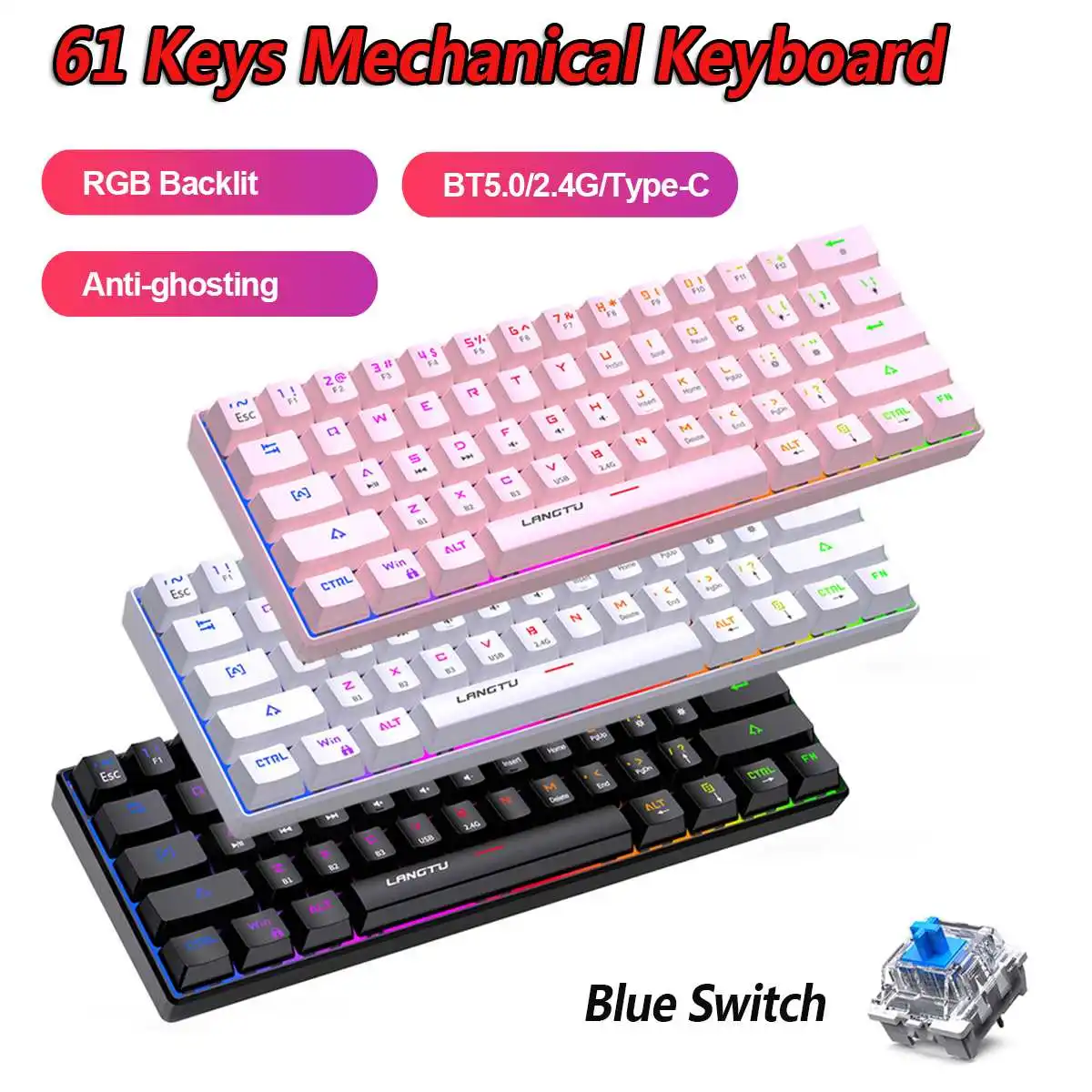 

G1000 61 Keys RGB Mechanical Keyboard Wireless BT5.0/2.4G/Type-C Wired Three Modes Anti-ghosting Gaming Keyboard Blue Switch