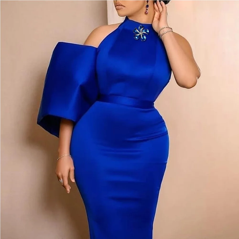 

Синие африканские платья из полиэстера для женщин, Осеннее женское платье с коротким рукавом, африканская одежда