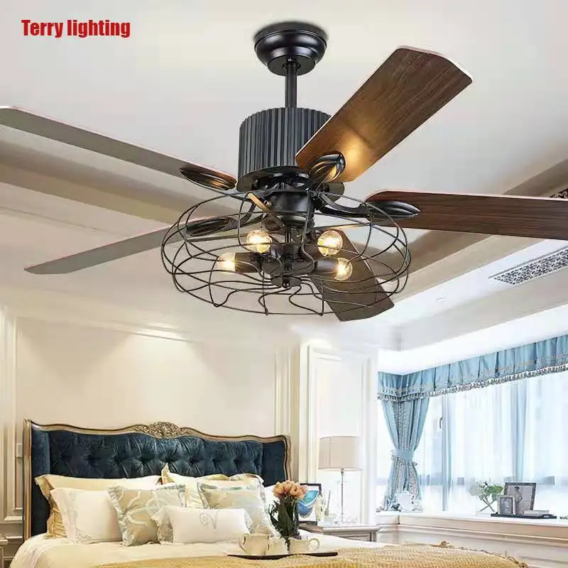 

Attic chandelier, retro dining room fan, living room led remote control leaf fan lamp, American living room wood leaf fan lamp