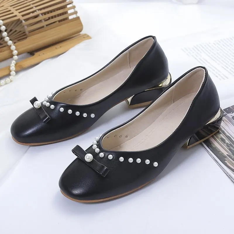 

Shoes Woman Flats Shallow Mouth Low Heels Square Toe Casual Female Sneakers Bow-Knot Elegant Pearl Decorateion Dress On Heels Ne