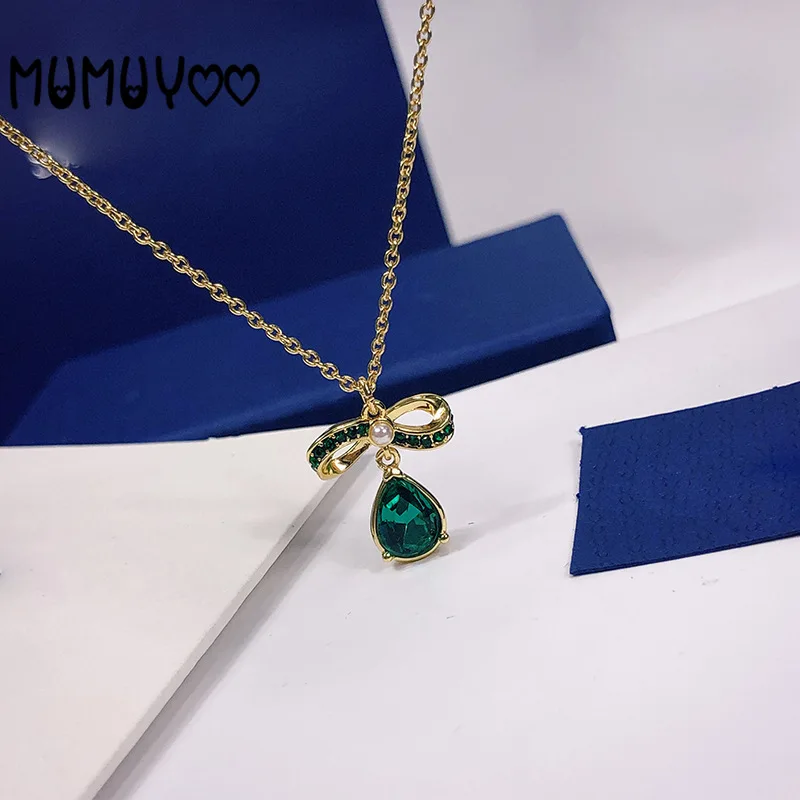 

SWA Fashion Jewelry High Quality New Charm Bowknot Green Water Drop Necklace Girls Holiday Gifts For Girlfriend