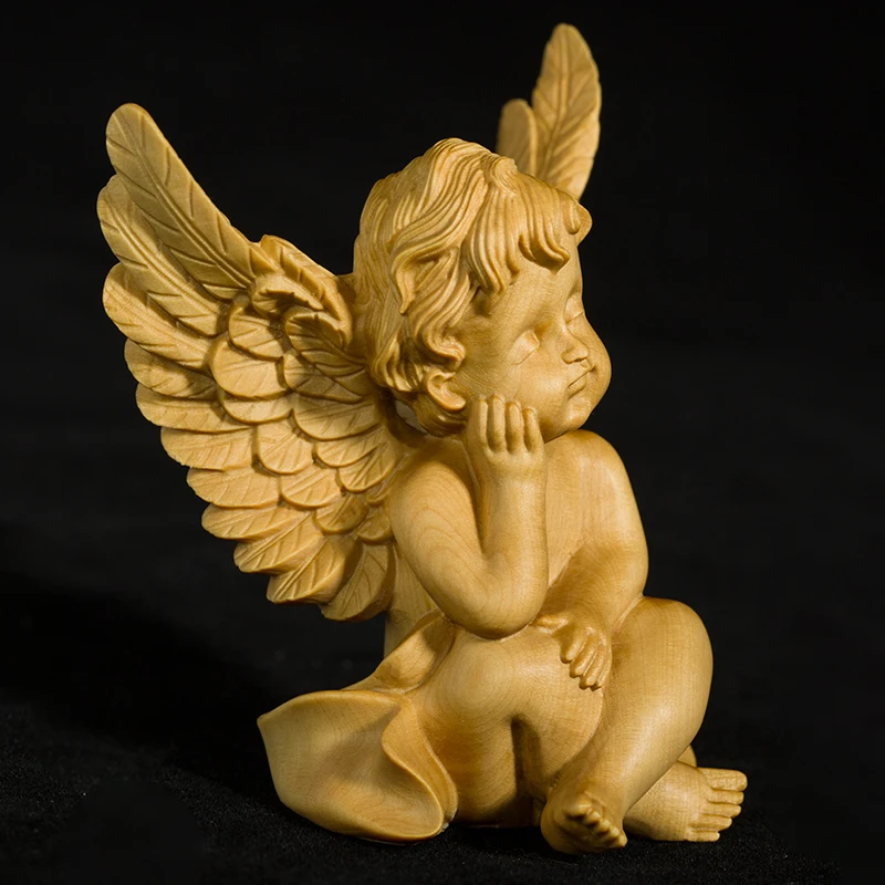 SIMPLE MORDEN CREATIVES CARVING CUPID ANGEL ART SCULPTURE AMORETTO FIGURINE BOXWOOD CRAFTS DECORATIONS FOR HOME COLLECTING R3783