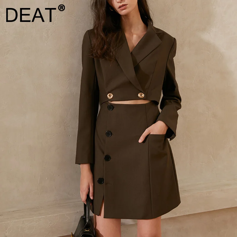 

DEAT 2021 New Women Fashion Notched Long Sleeve Hollow Out Backless A-line High Waist Suit Dress Autumn And Winter 7E6071