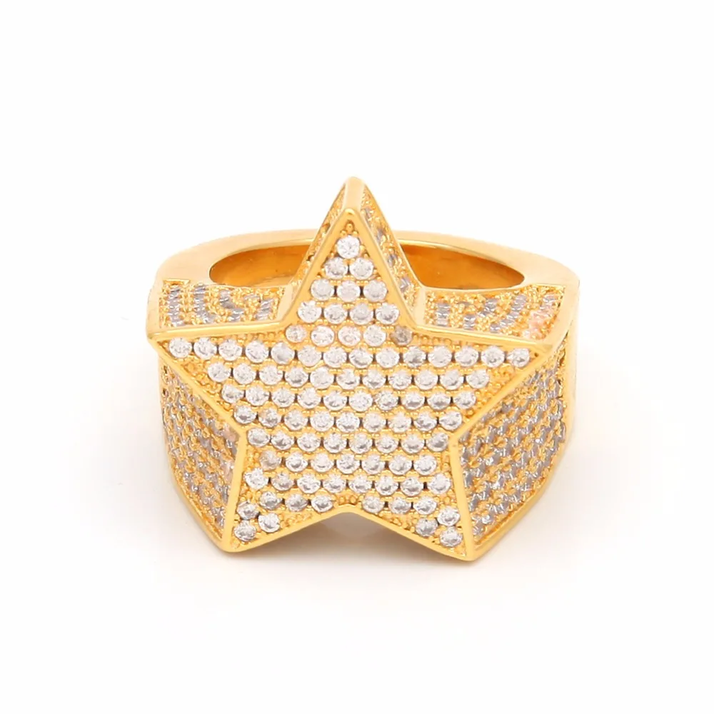 

Hip Hop AAA Zircon Paved Ice Out Bling Star Rings Rose Gold Pentagram Ring Men Women Jewelry Gift Party Pave Setting Anillo