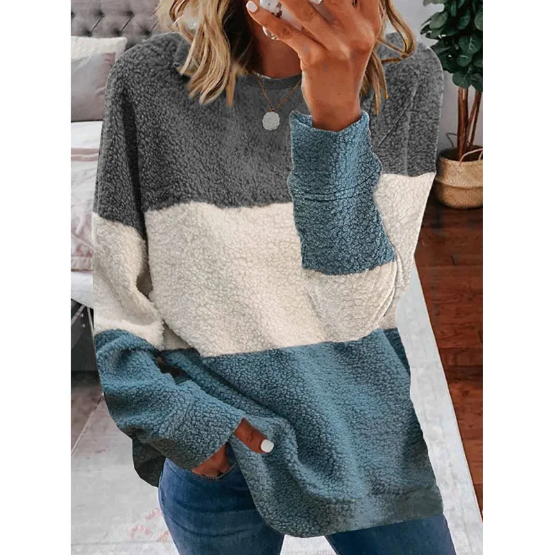 

Women's new autumn and winter plush stitching contrast coat women's sweater
