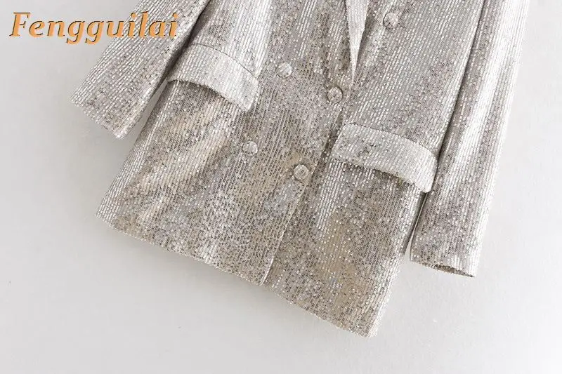 FENGGUILAI Double Breasted Blazer Sequins Club Blazer Long Sleeve Suit Coat Jacket Chic Women BlingBling Blazers Female